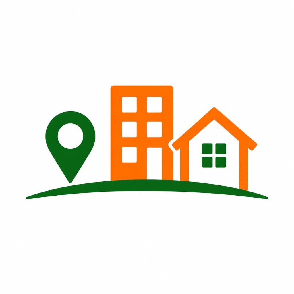 Simple illustration of a neighborhood: a location pin, an apartment building, and a house along a green horizon line.