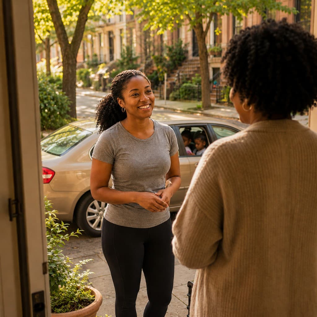 A smiling neighbor in athletic wear greets a person at their front door on a sunny residential street with parked cars and trees in the background.