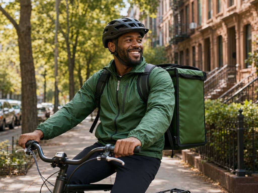 A bicycle delivery worker with an insulated delivery bag on a city street