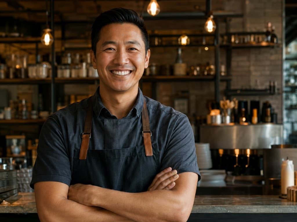 A restaurant owner standing behind the counter of their restaurant