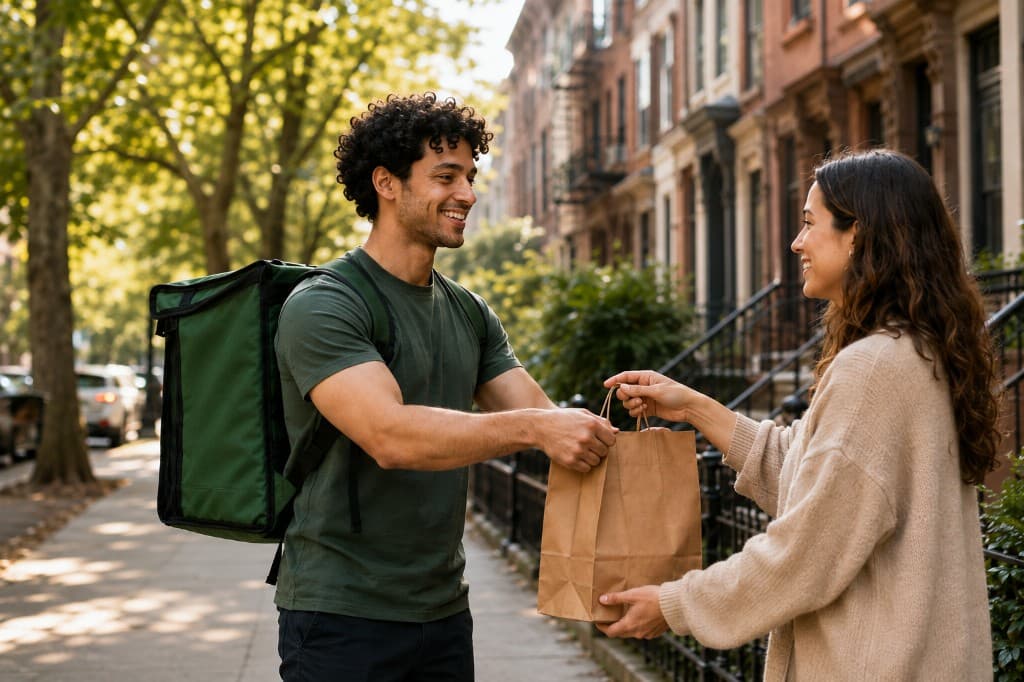 A delivery helper handing a paper bag to a neighbor on a tree-lined street