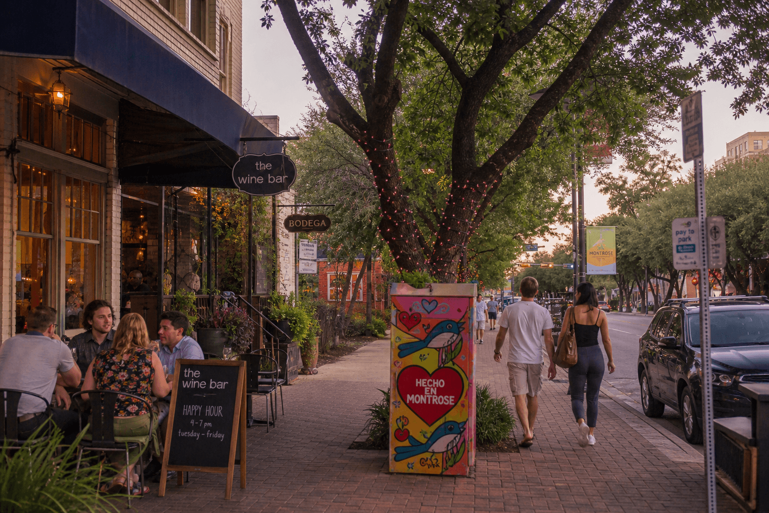 A Houston neighborhood street with local restaurants and warm afternoon light.