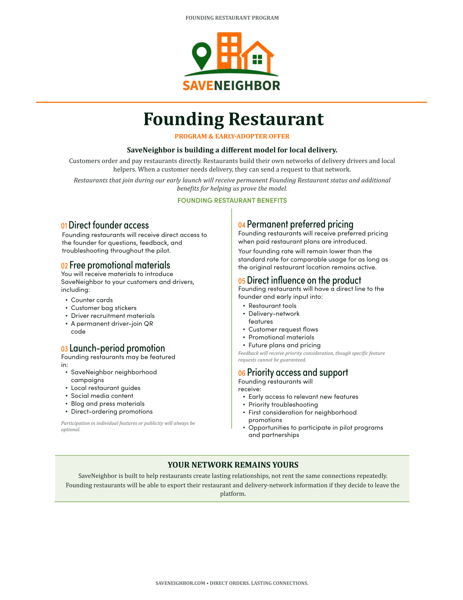 Page 1 of the SaveNeighbor Founding Restaurant Program
