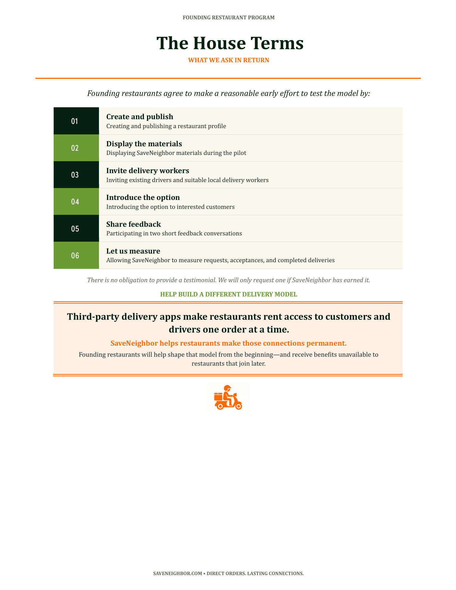 Page 2 of the SaveNeighbor Founding Restaurant Program