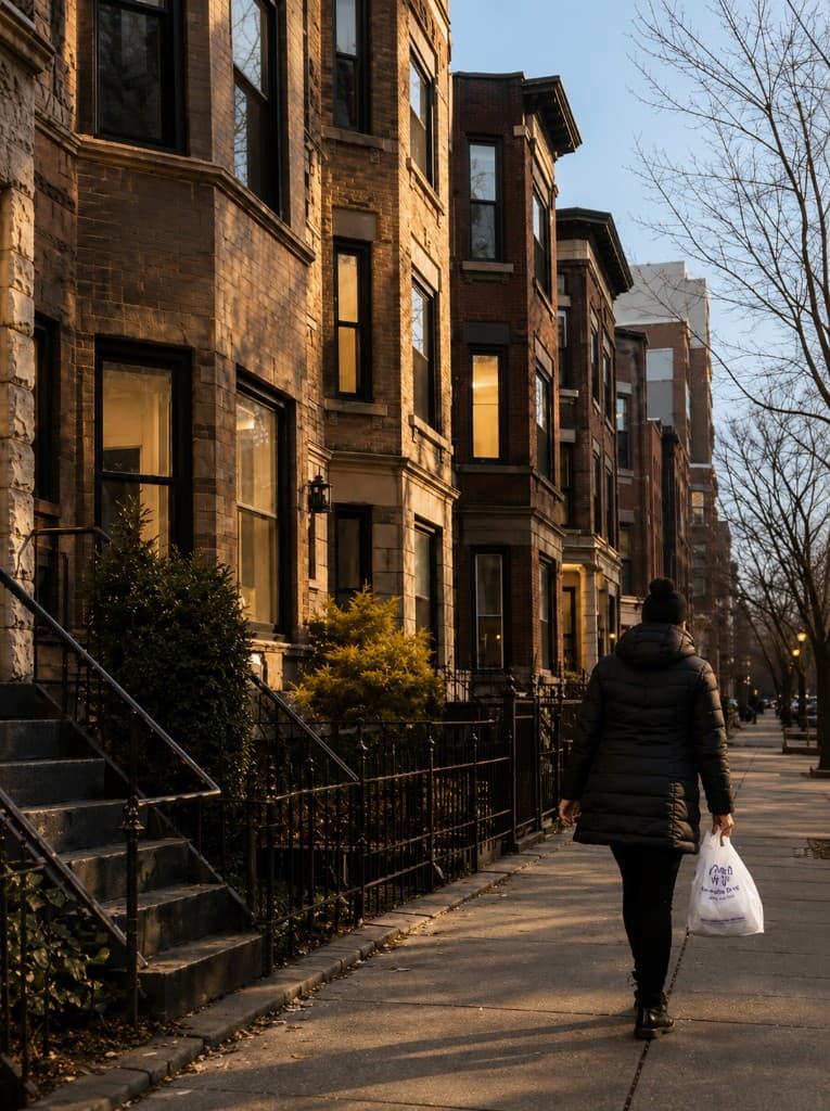 A quiet Chicago neighborhood street in daylight, with brick walk-up buildings and sidewalks lined with trees.