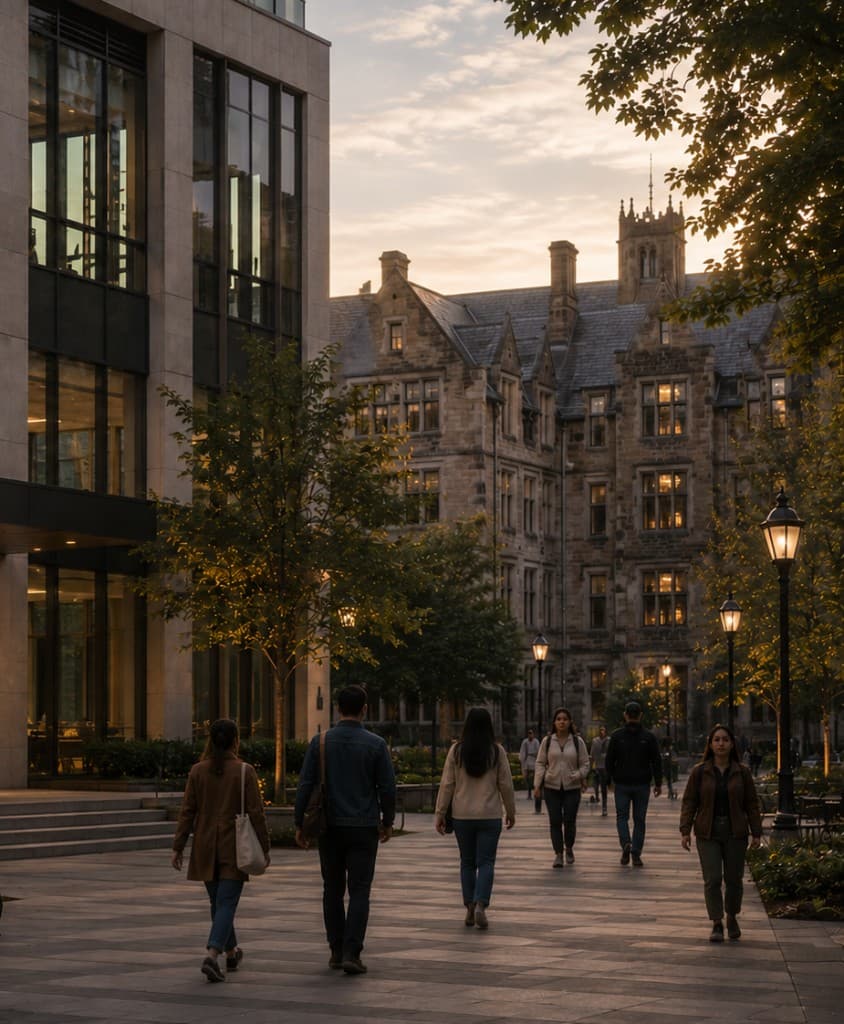 Students walking across a campus quad at golden hour, with collegiate buildings in the background.