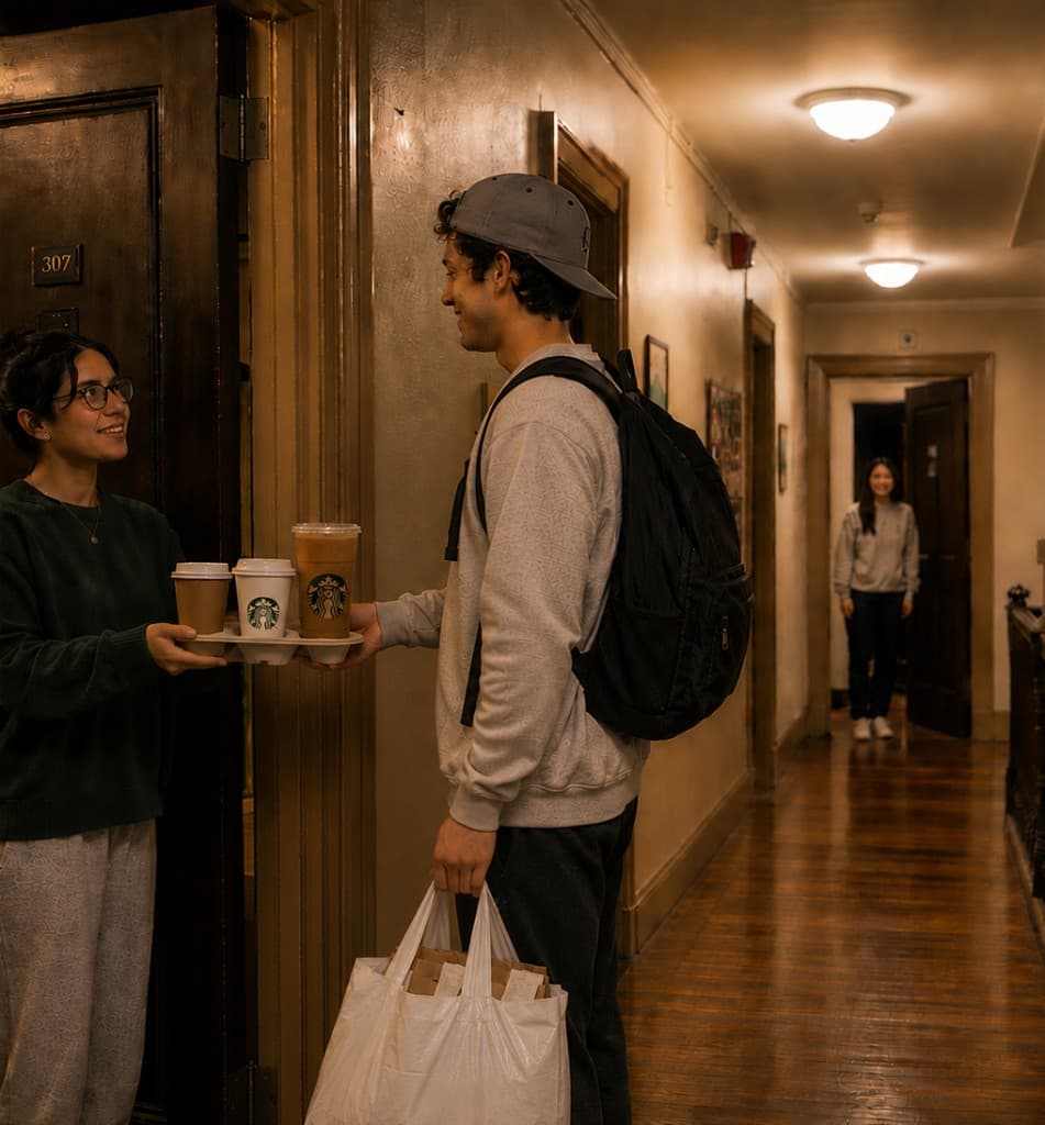 A trusted helper handing off Starbucks drinks and food bags to a student at a dorm room door in a hallway.