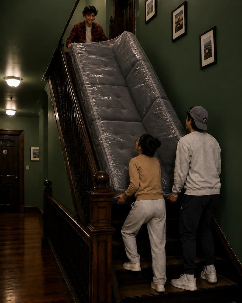 Students helping each other carry a futon wrapped in plastic up a dorm stairwell.