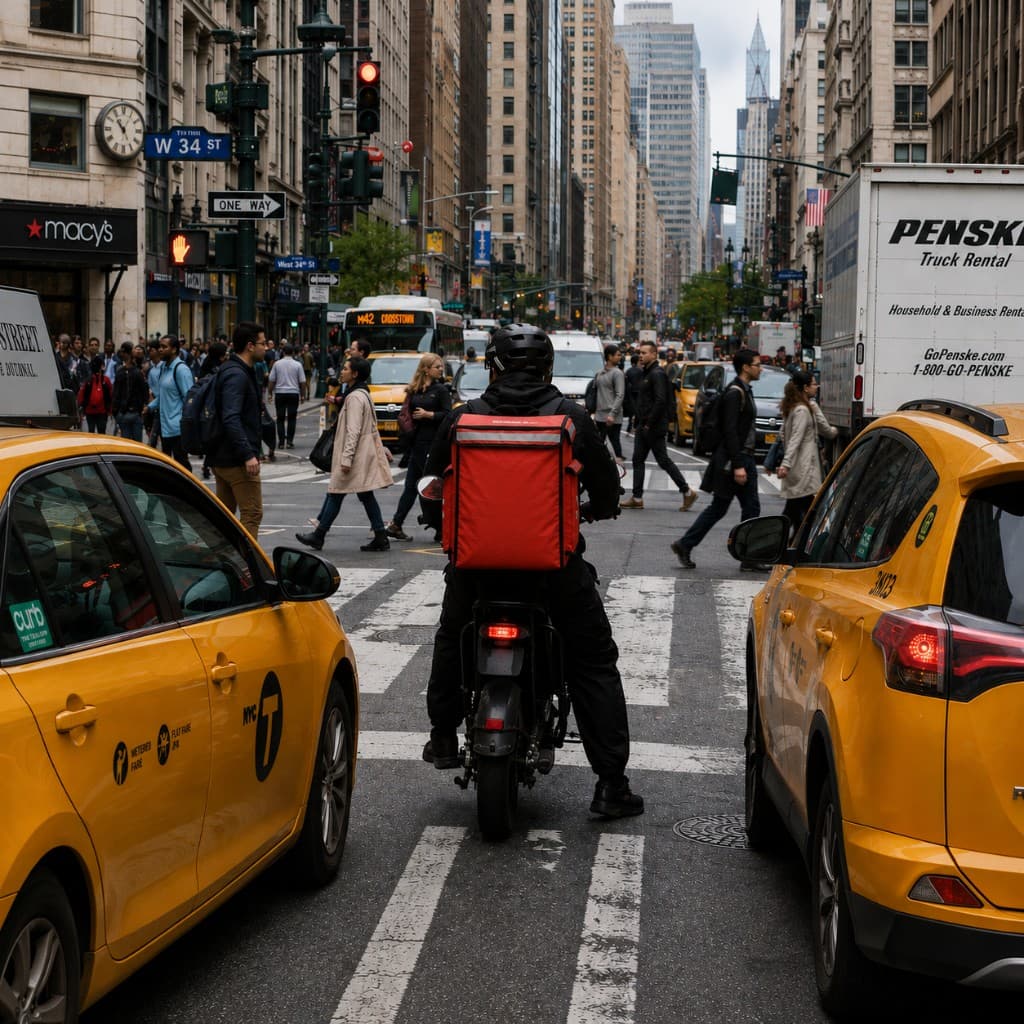 A delivery courier with a red insulated bag on a scooter waits at a busy city intersection between yellow taxis.