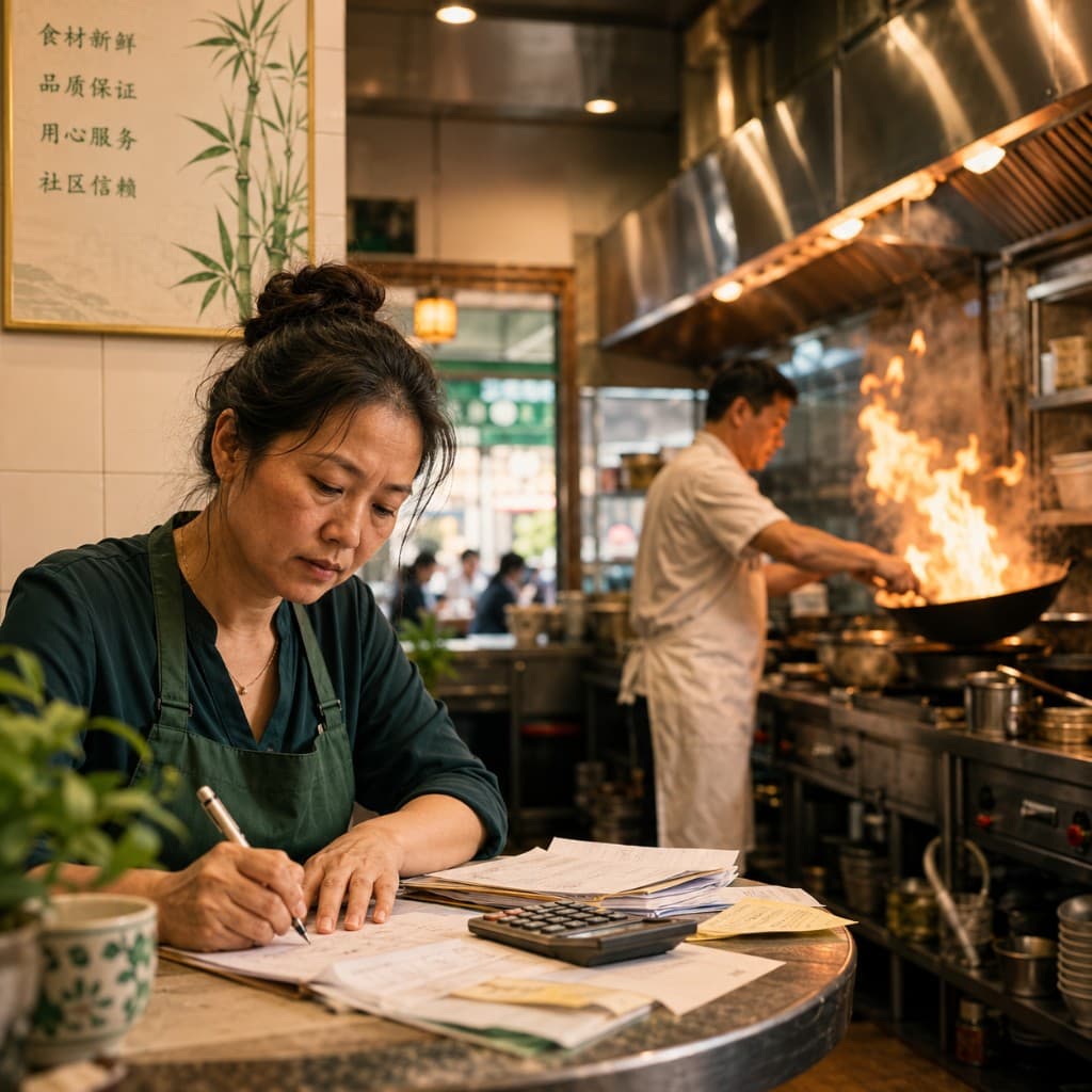 A restaurant owner in a green apron working at a ledger in the foreground while a chef cooks over an open flame in a busy kitchen behind her.