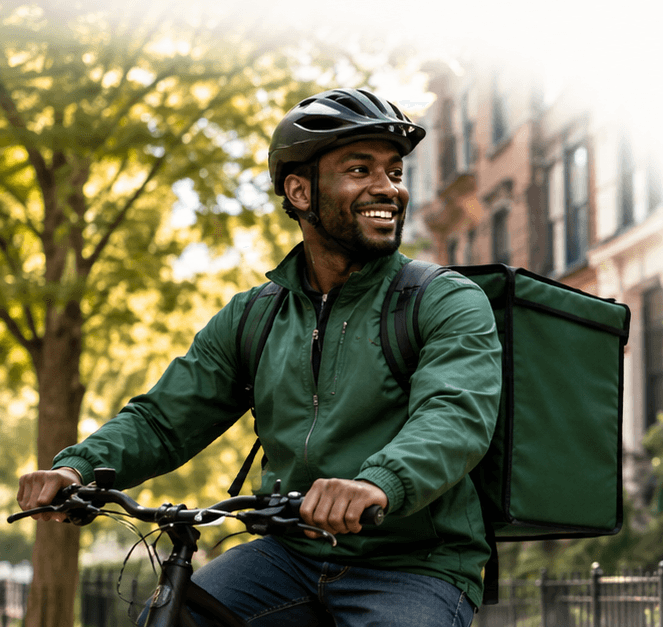 A smiling local courier in a green jacket and helmet rides a bike with a large insulated delivery bag through a sunlit neighborhood street.