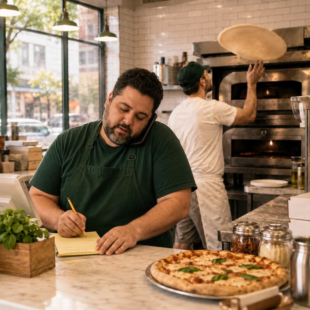 A restaurant owner in a green apron takes a phone order at a marble counter while a cook tosses pizza dough near a brick oven in the background.