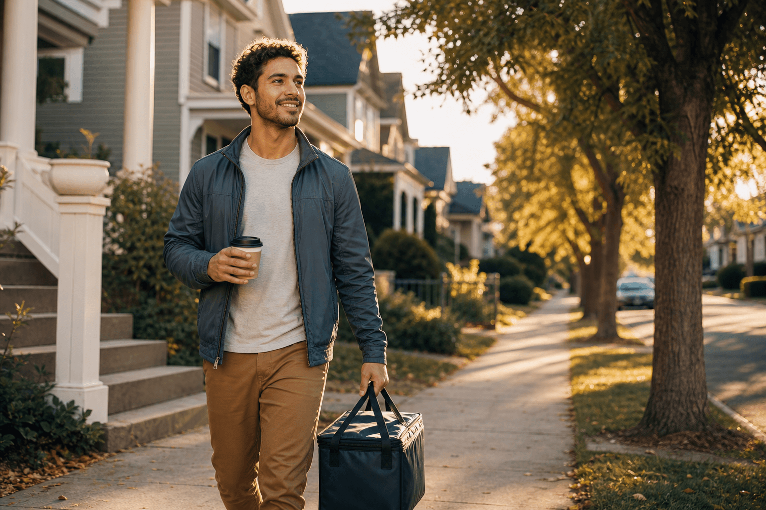 A trusted local helper walking a familiar neighborhood route with a small delivery bag at golden hour.
