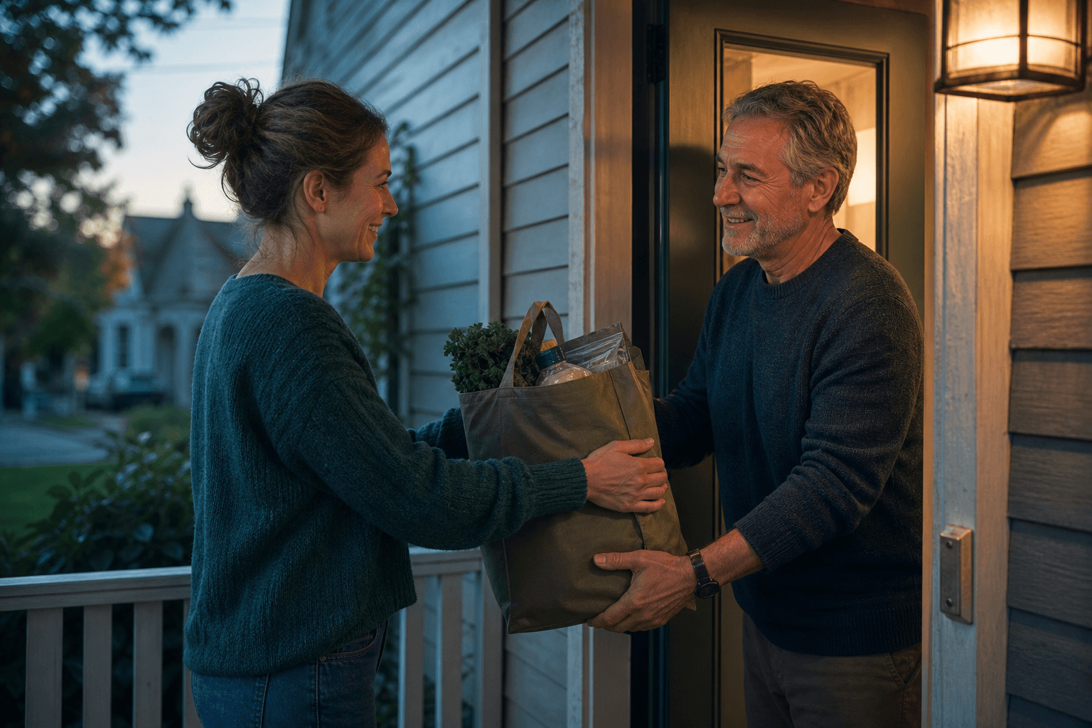 A familiar neighbor-to-neighbor handoff on a front porch—everyday local help between people who know each other.