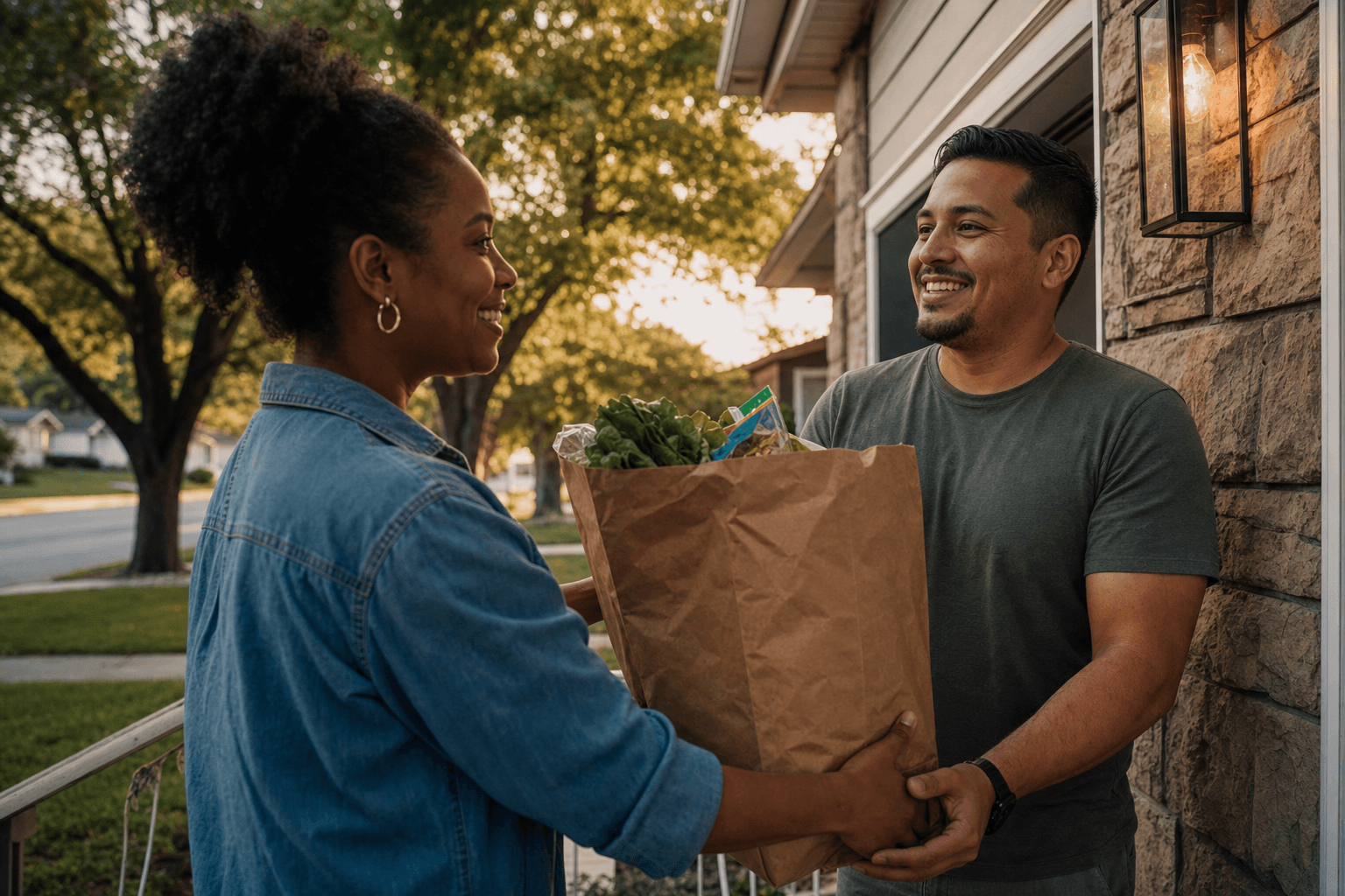 A familiar neighbor-to-neighbor grocery handoff on a front porch—trusted local help between people who know each other, not a random gig assignment.