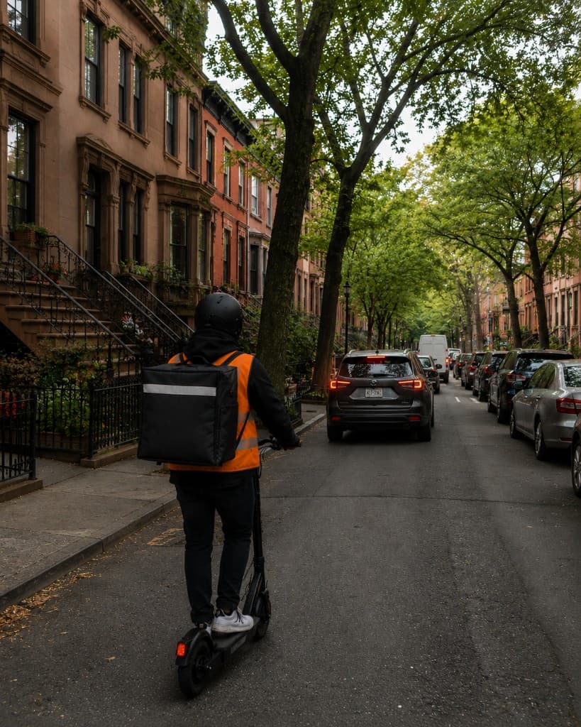A delivery courier on a scooter rides down a tree-lined New York brownstone street with an insulated delivery bag.