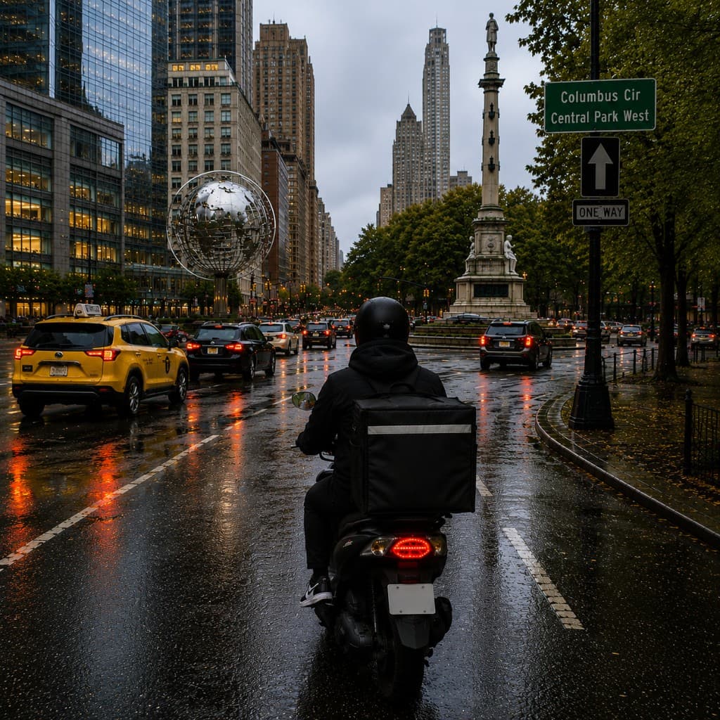 A delivery courier on a scooter with an insulated bag waits at Columbus Circle in Manhattan on a rainy day.