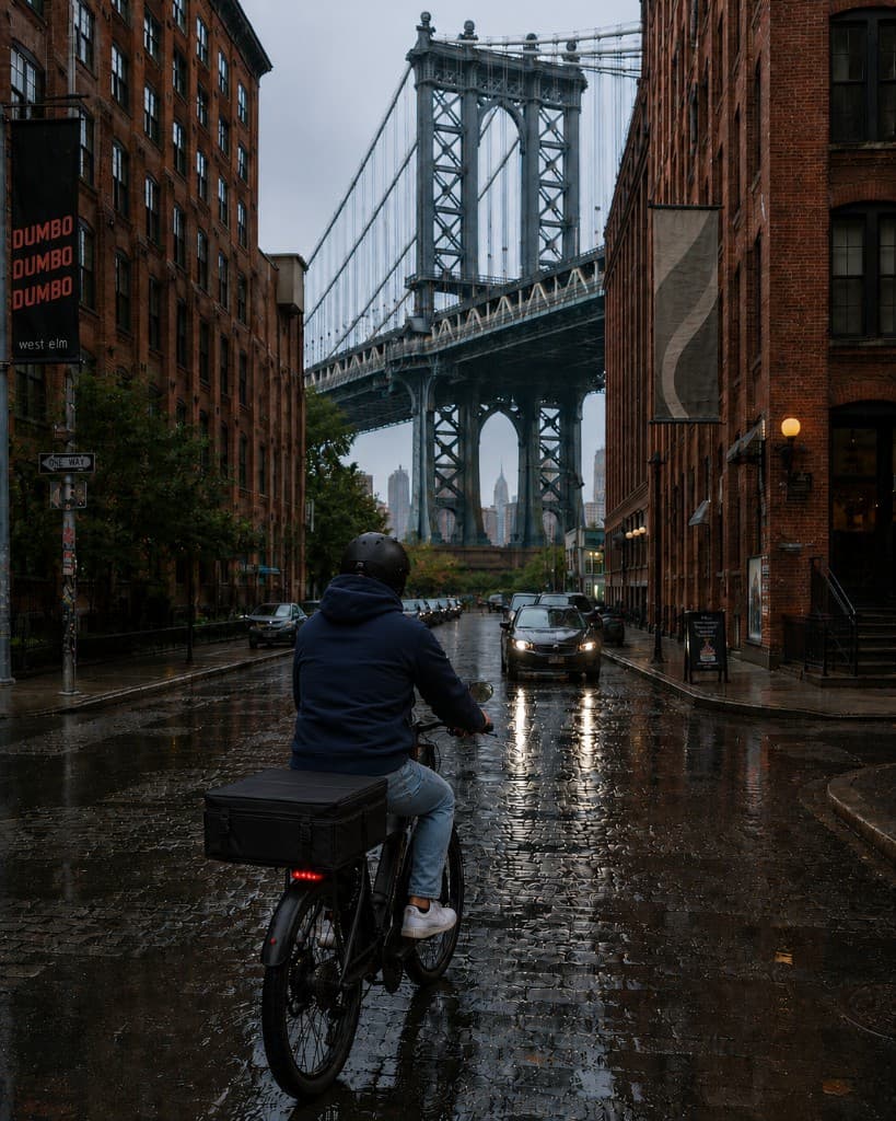 A bike courier with a delivery box rides toward the Manhattan Bridge on a cobblestone street in DUMBO, Brooklyn.