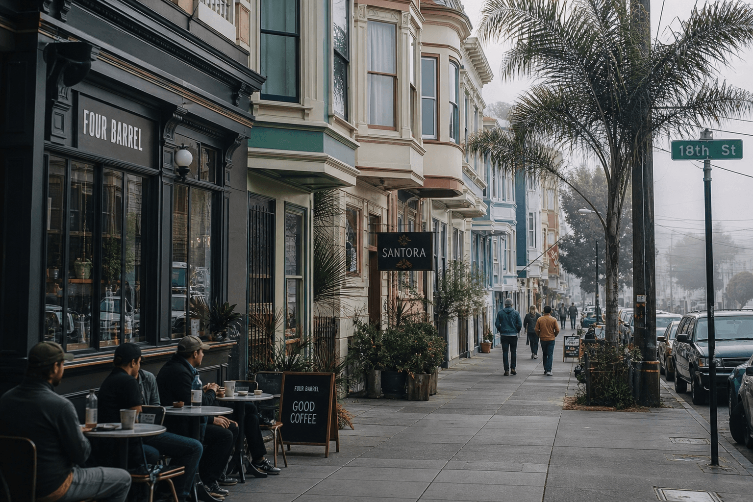 A San Francisco neighborhood street with Victorian homes, sidewalk trees, and soft afternoon light.