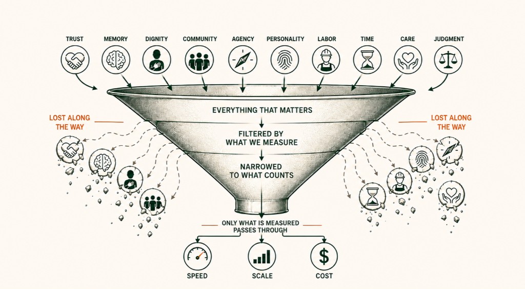 Funnel graphic showing how optimization filters what it measures and loses human values along the way.