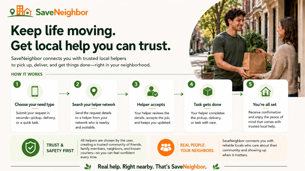 SaveNeighbor how it works graphic showing how users choose a need type, search their helper network, send request details, get helper acceptance, and complete the task.